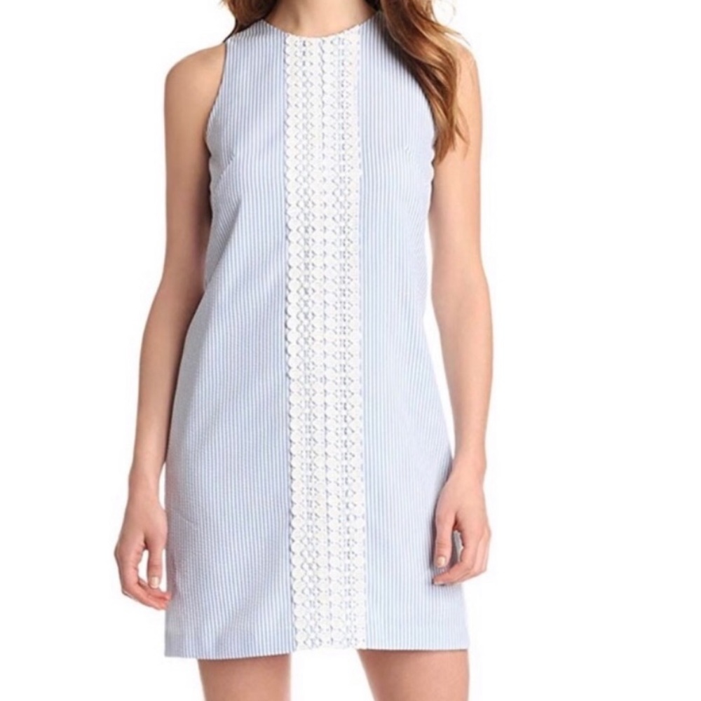 London Times Blue/White Striped Lace Midi Dress